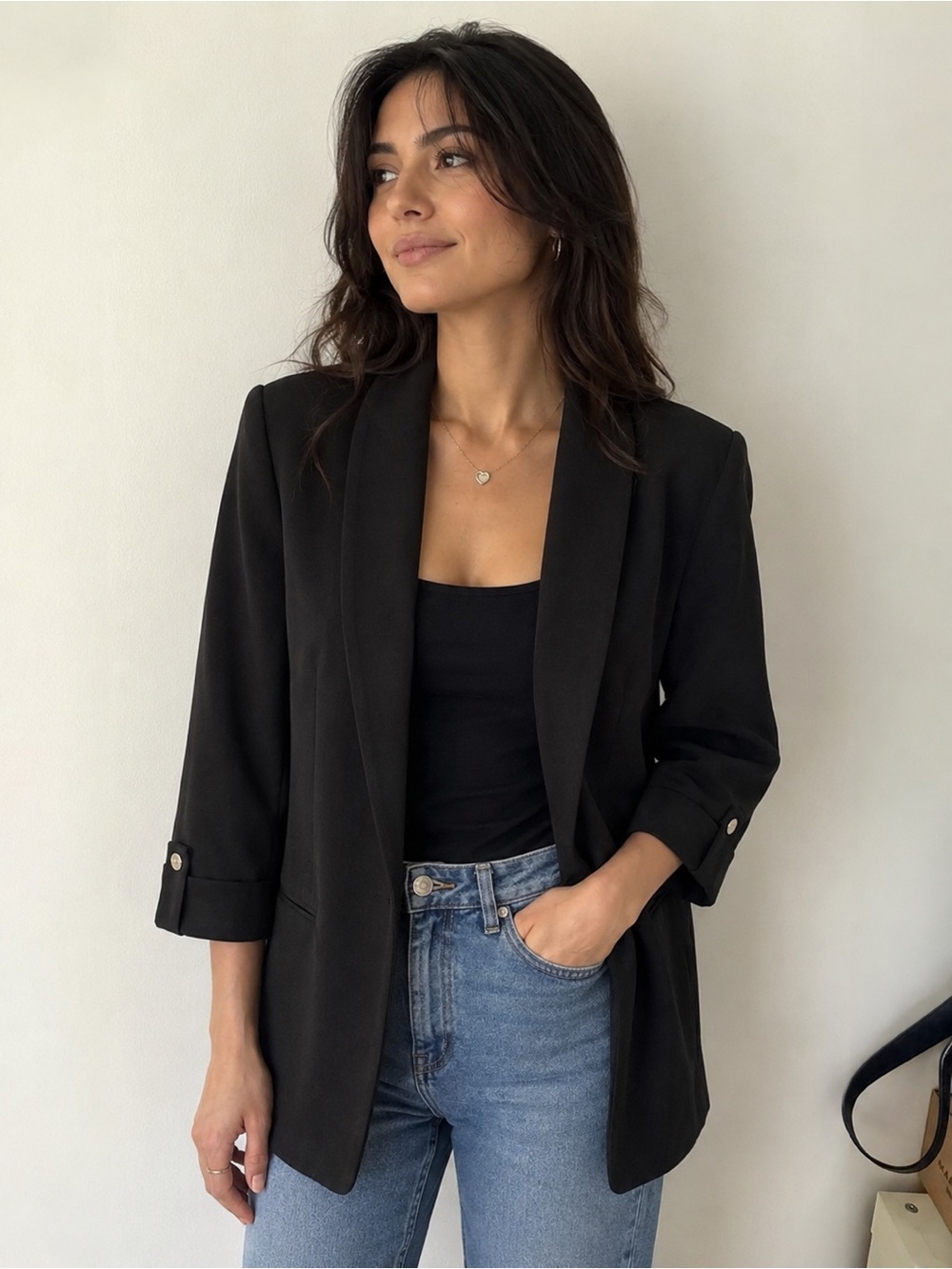Anne Klein Black Open-Front Draped Blazer